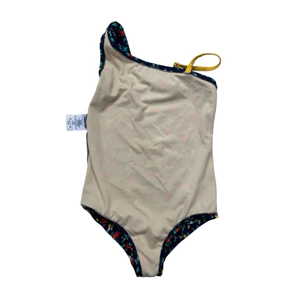 LANDS END Navy Floral Bow One Piece Girls Swim Suit Size 7 Red Yellow Strap - Picture 4 of 5